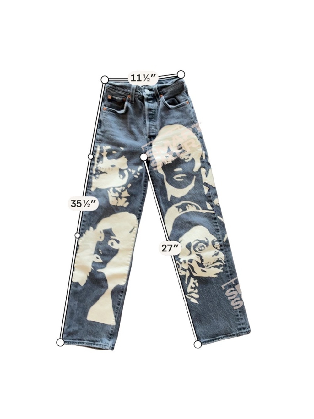 Custom Art Denim Levi’s Ribcage Black Straight Leg Jeans One of a Kind W24 - Picture 2 of 10